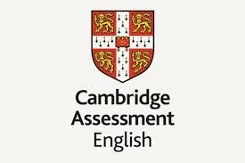 Logo of Cambridge Assessment English featuring a shield with a red and gold lion emblem and text below.