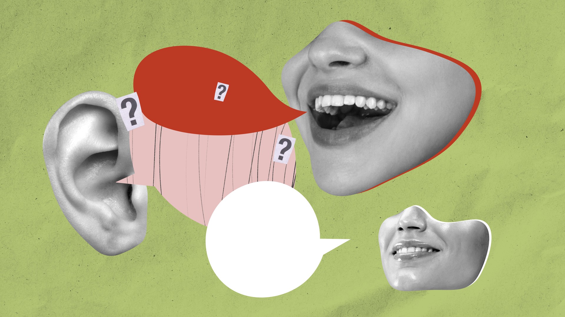 Poster for a podcast about communication skills, featuring diverse voices and perspectives in dialogue. Mouth and ear elements with speech bubbles. Active position in debates